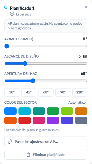La tarjeta de un AP planificado: azimut, alcance de diseño y apertura del haz con sus atajos, el color del sector, y los botones de pasar los ajustes a un AP o eliminarlo — con el aviso de que aún no existe y no se diagnostica