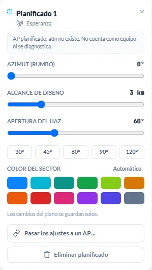 La tarjeta de un AP planificado: azimut, alcance de diseño y apertura del haz con sus atajos, el color del sector, y los botones de pasar los ajustes a un AP o eliminarlo, con el aviso de que aún no existe y no se diagnostica