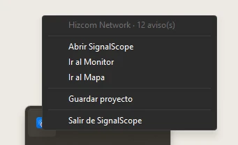 El menú del icono de bandeja: la cabecera con el nombre del proyecto y su estado, los accesos a Monitor y Mapa, y Salir