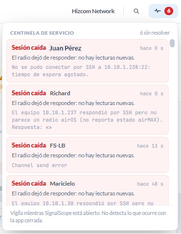 El panel del centinela: avisos de Sesión caída apilados con el motivo de cada uno, y al pie el recordatorio de que vigila mientras la app está abierta
