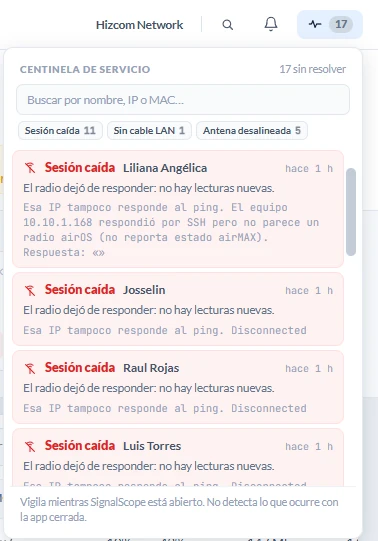 El panel del centinela: avisos de Sesión caída apilados con el motivo de cada uno, y al pie el recordatorio de que vigila mientras la app está abierta