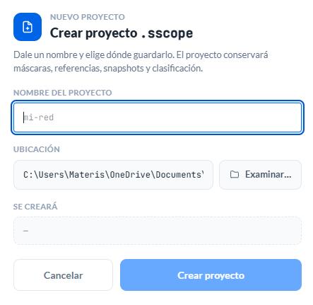 El diálogo de crear proyecto: nombre, ubicación y la ruta del archivo .sscope que se creará