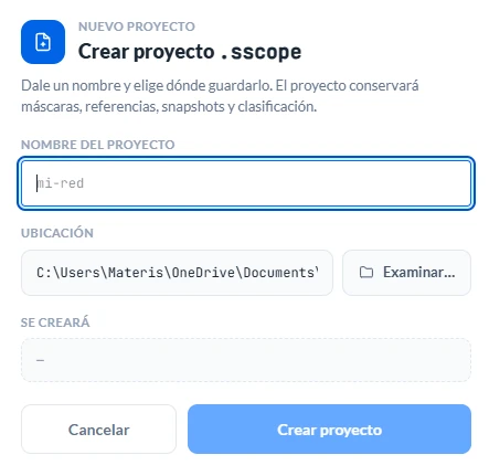 El diálogo de crear proyecto: nombre, ubicación y la ruta del archivo .sscope que se creará