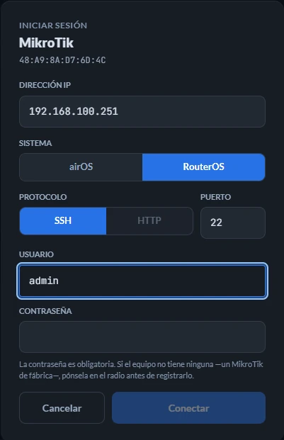 El modal de inicio de sesión con el selector Sistema (airOS / RouterOS) visible, y el botón de HTTP deshabilitado