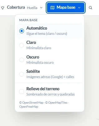 El menú Mapa base desplegado: Automático, Claro, Oscuro, Satélite.