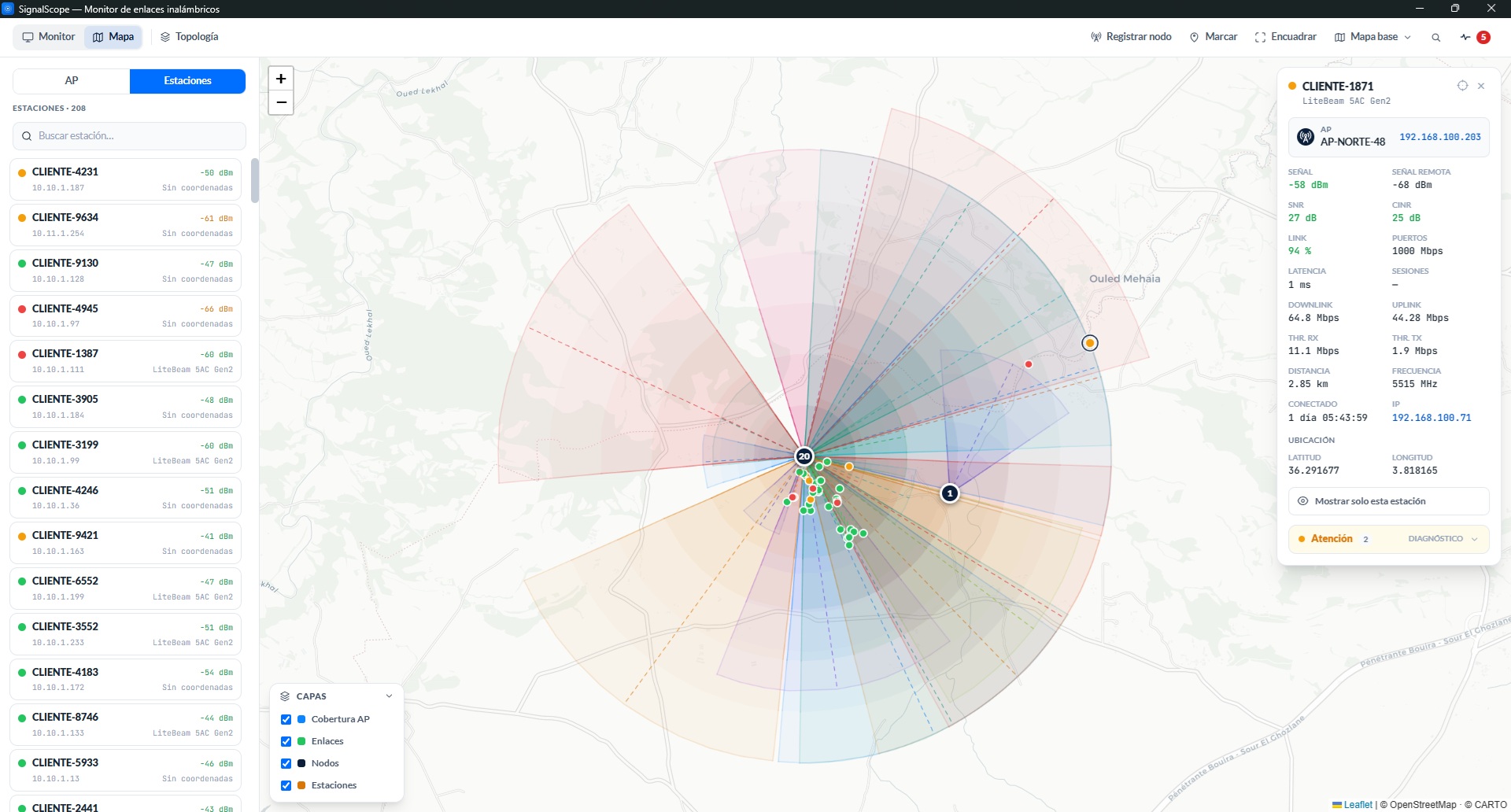 El Mapa de cobertura: un nodo con sus sectores pintados por banda, las estaciones con su color de diagnóstico, la tarjeta de una estación con sus métricas y el panel de capas