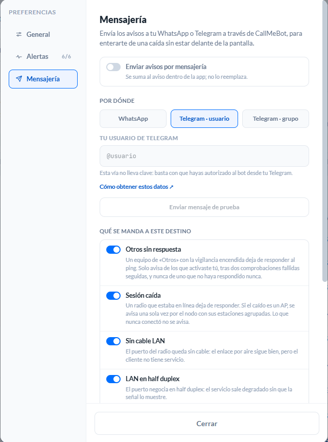 Preferencias → Mensajería: el interruptor de enviar avisos, las tres vías (WhatsApp, Telegram a usuario, Telegram a grupo), el mensaje de prueba y la selección de qué eventos se mandan a este destino