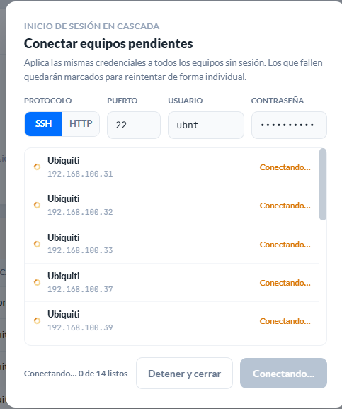 La sesión en cascada: protocolo, credenciales únicas y la cola de radios conectándose uno a uno