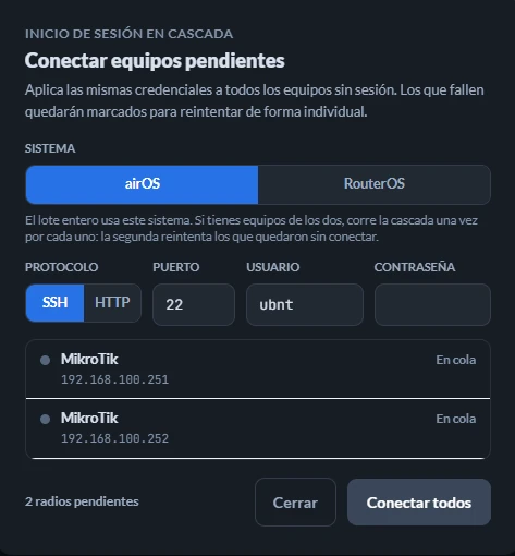 La sesión en cascada: protocolo, credenciales únicas y la cola de radios conectándose uno a uno