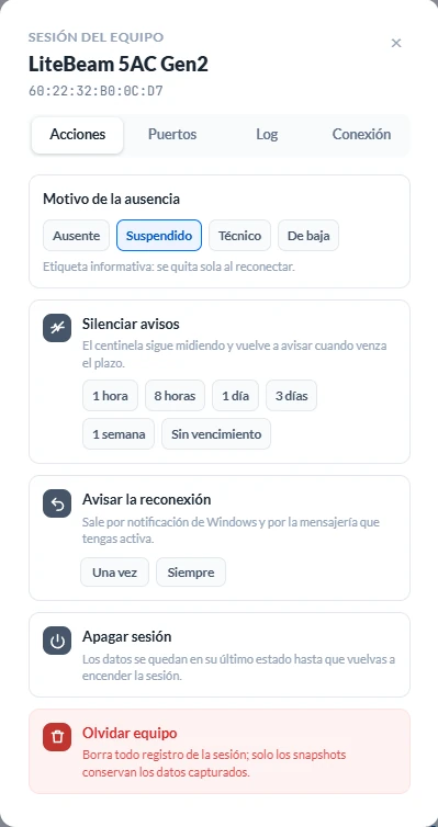 La tarjeta Silenciar avisos con la fila de plazos (1 hora, 8 horas, 1 día, 3 días, 1 semana, Sin vencimiento)